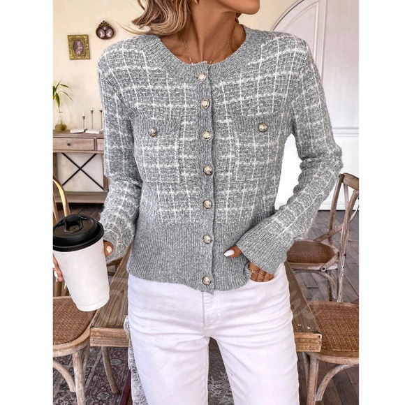 Gray Plaid Button Up Cardigan Knit Long Sleeve Stretchy - Picture 6 of 8